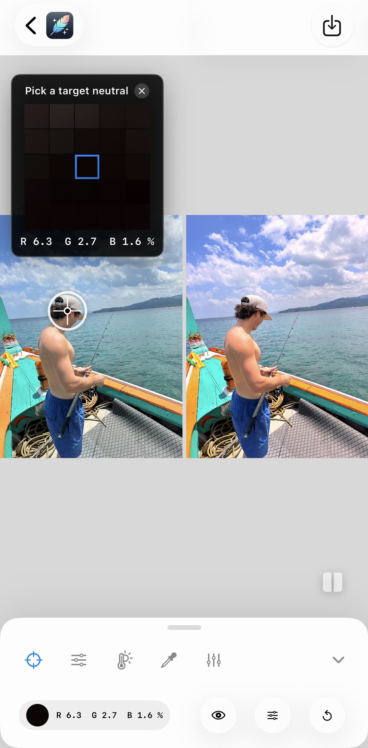 Before and after comparison in the White Balance app showing a fishing boat on the ocean with rich blue water tones