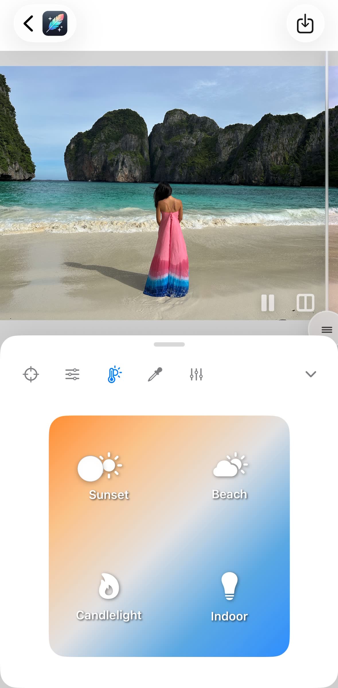 Beach photo warmed toward golden sunset tones with the Sunset preset in the White Balance app