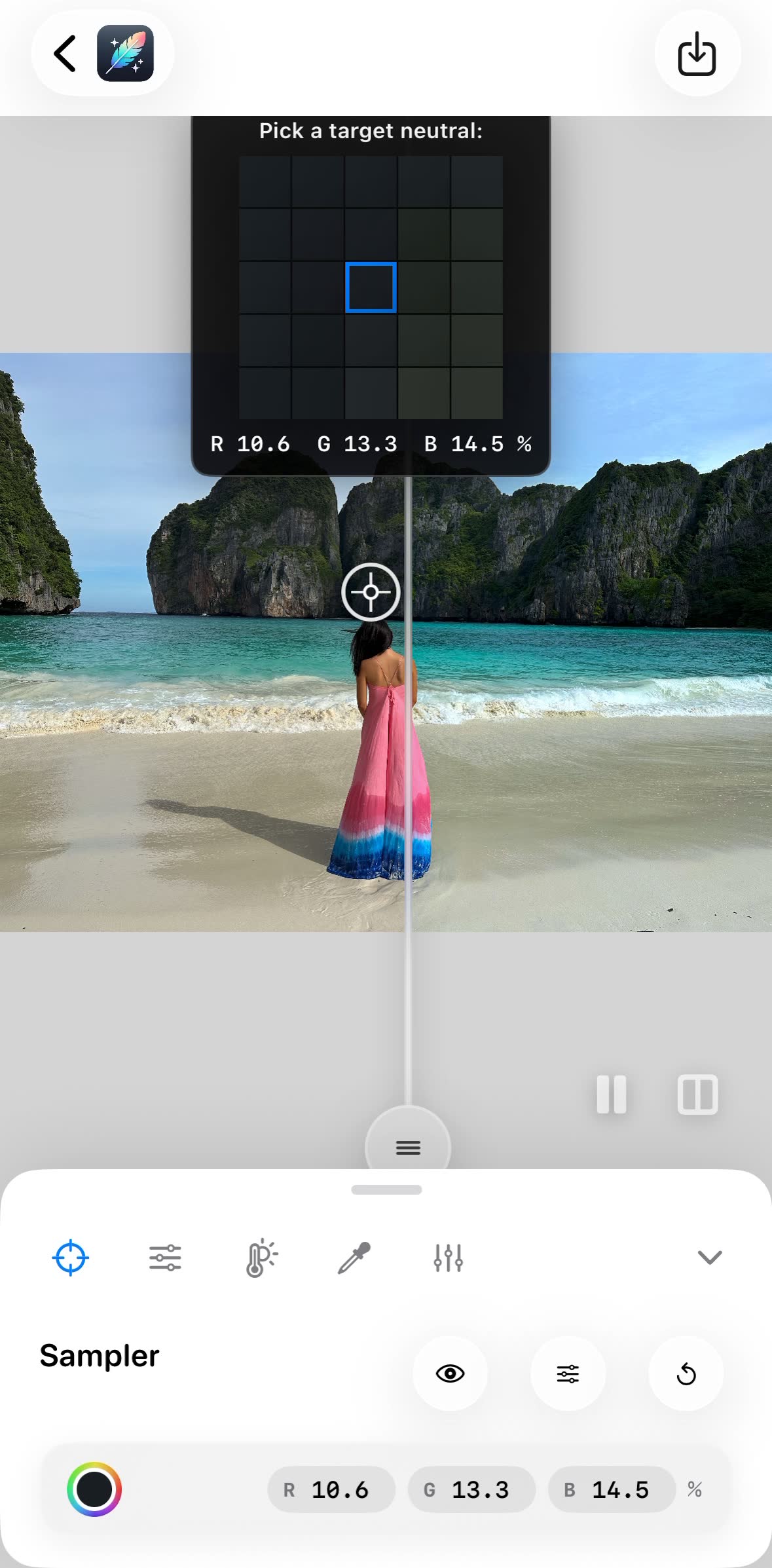 Split-view slider in the White Balance app comparing a beach vacation photo before and after color correction